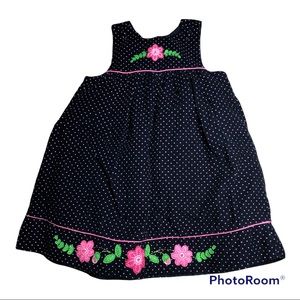 Corduroy dress blue with pink polka dots and pink felt flower size 6